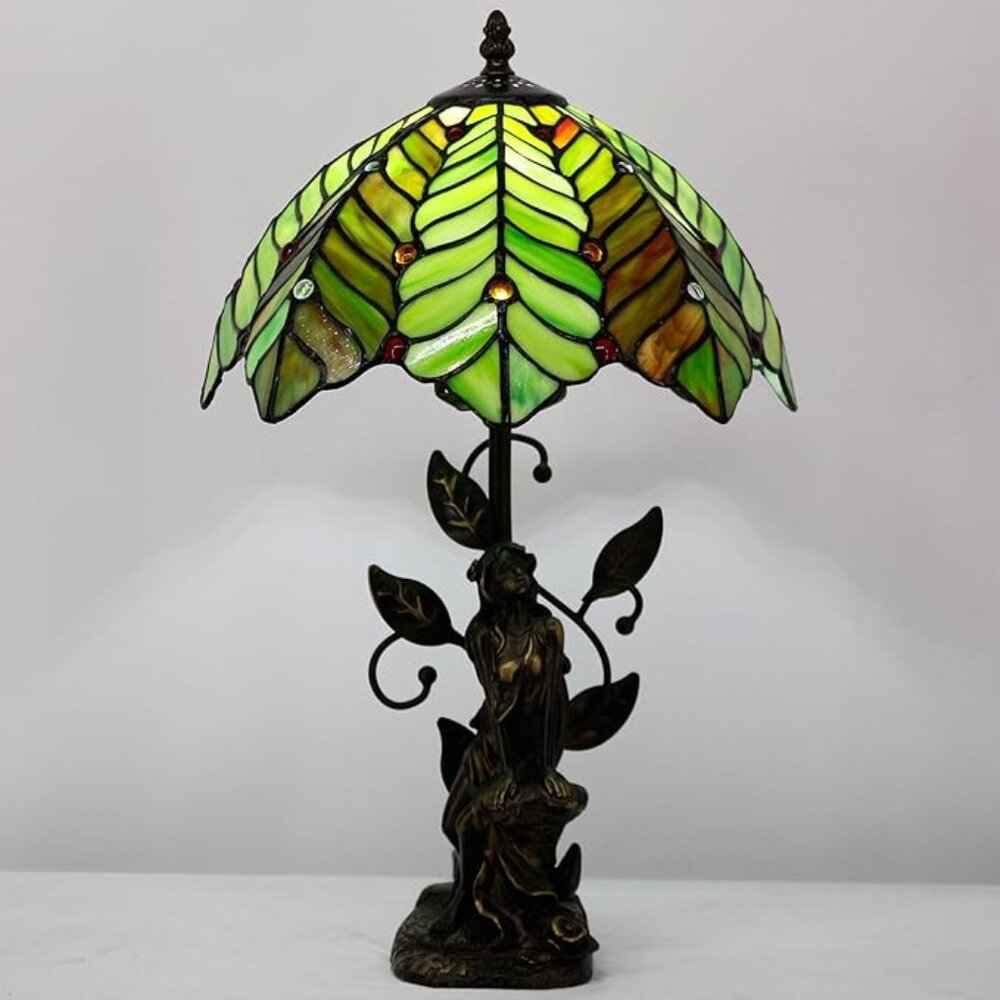 Tiffany Style Table Lamp Stained Glass Lamp Sculpture Green Amber Coconut Tree